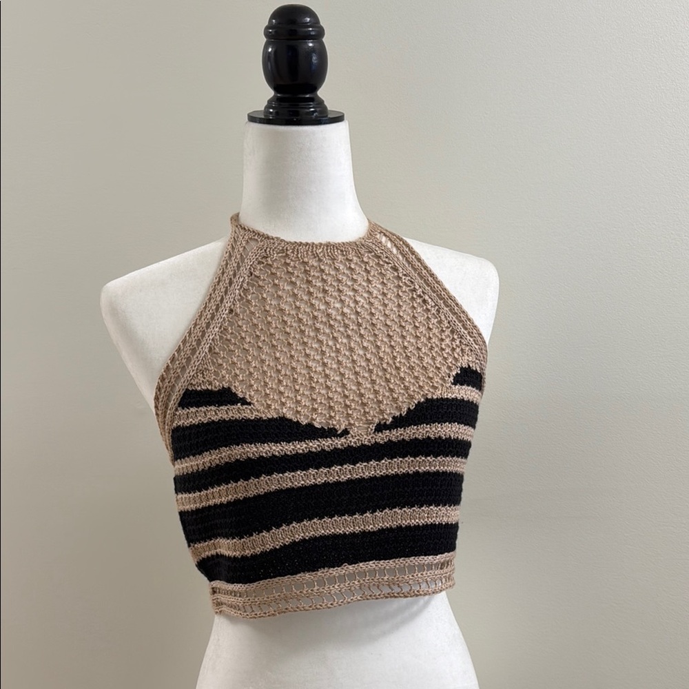 Knitted Tan and Black Ribbed Crop Halter Top with Buttons & Ties NWT